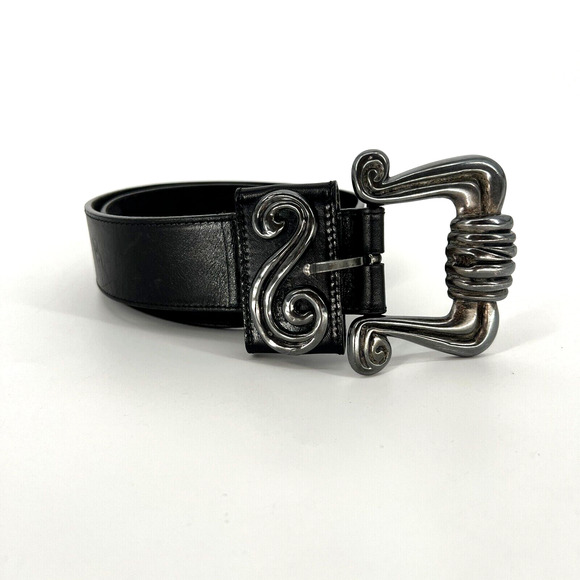 Leather Belt Silver Buckle Artsy Western Classic Womens S/M Scandi